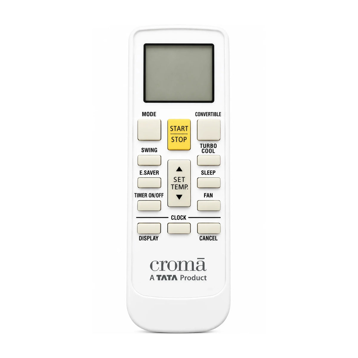 Croma AC remote control with start/stop button, temperature settings, and mode options for air conditioning units.