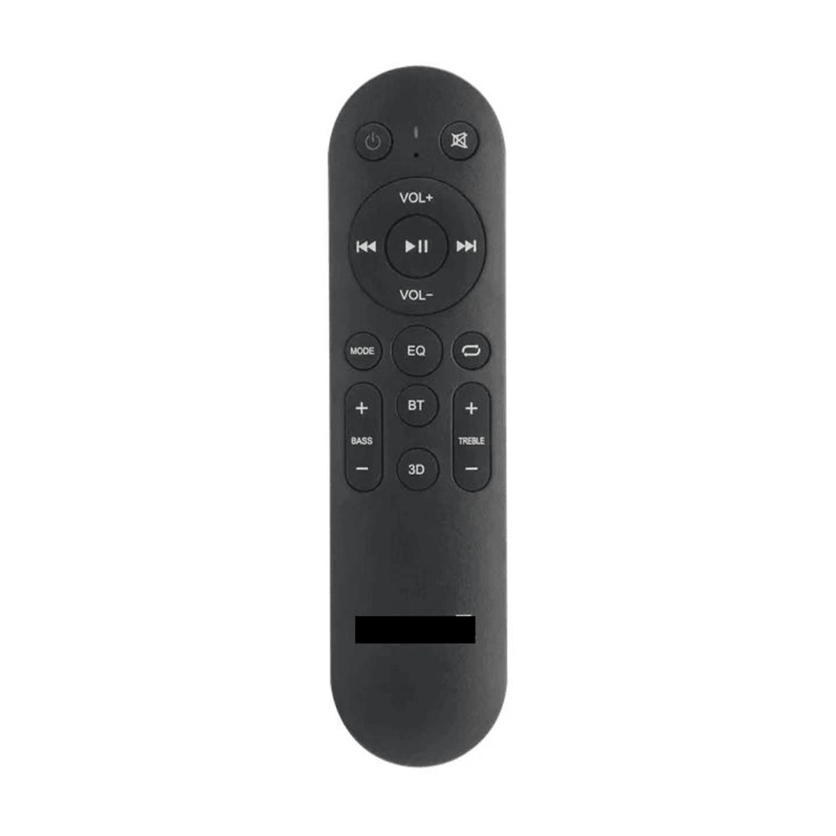 Black universal remote control with volume, playback, and Bluetooth buttons for TV and AC devices
