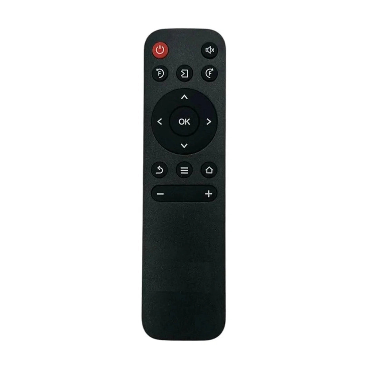 Black universal remote control with red power button for TV and AC devices