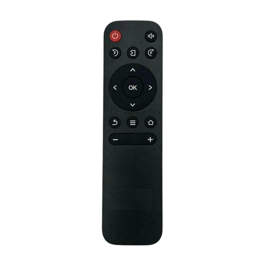 Black universal remote control with red power button for TV and AC devices